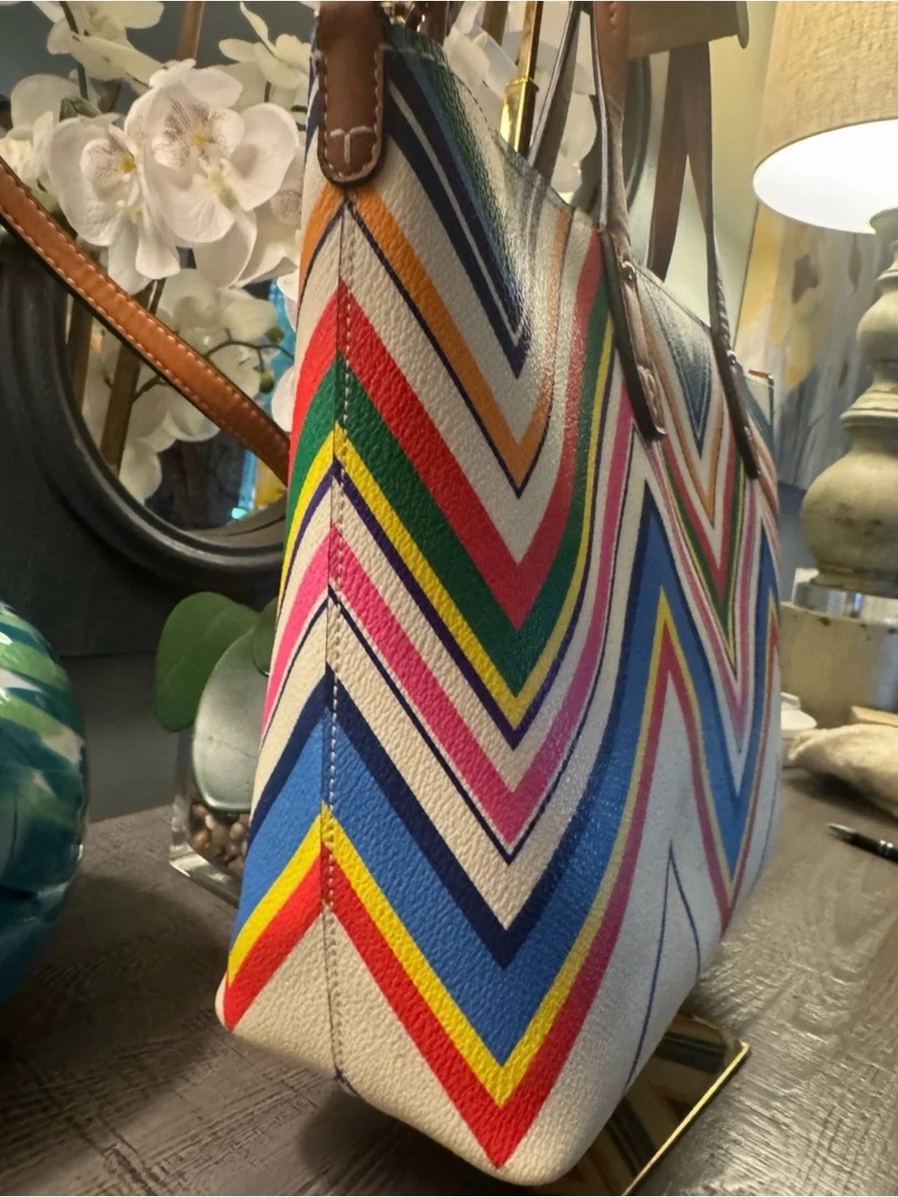 Tory Burch Multi-Stripe Chevron Canvas Tote with Brown Leather Trim EUC - Picture 6 of 10